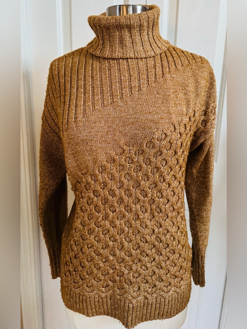 Nine West Metallic Gold Cable Turtleneck Sweater